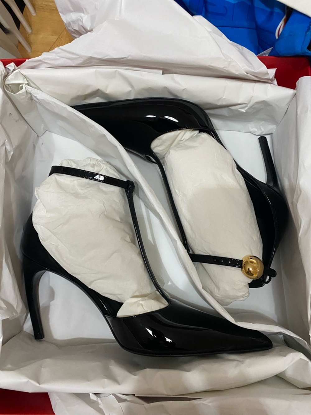 Ferragamo Odette size 8 black patent stilettos with gold accent